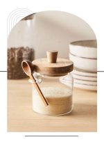 ظرف شیشه ای در چوبی قاشق بغل